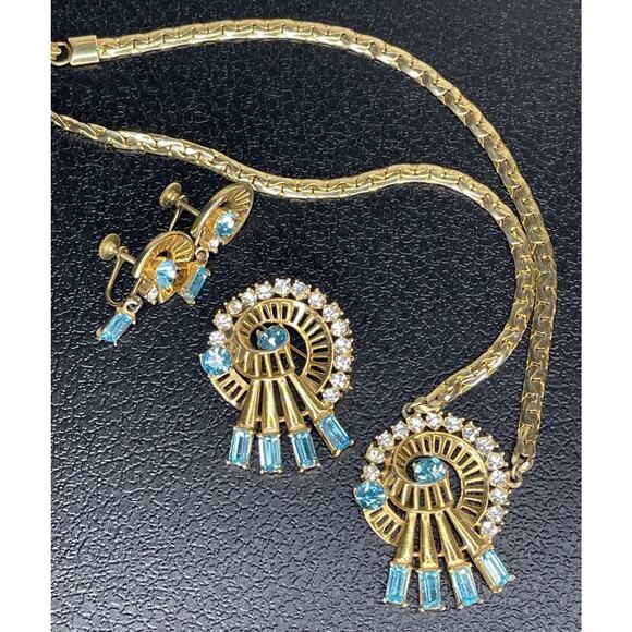 Vintage Mid Century Gold Fan Brooch Aqua Glass Rhinestone Necklace & Earrings